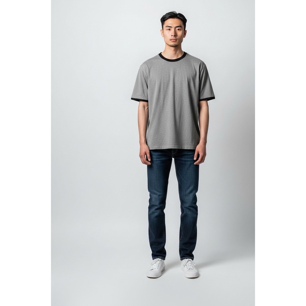 Theory Men's Rylee LOKT T-Shirt Medium Gray Pima Cotton Black Trim Crewneck